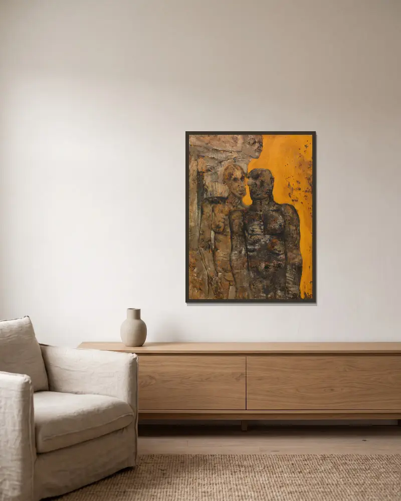Die Steinzeit von Frits van den Berghe gerahmt an einer Wand