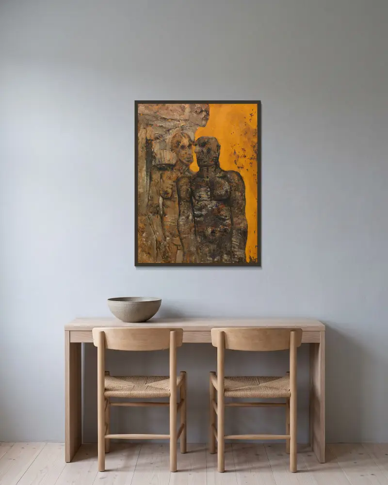 Die Steinzeit von Frits van den Berghe gerahmt an einer Wand