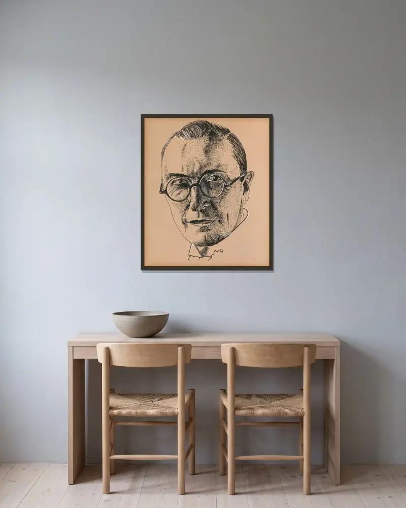 The Writer Herman Teirlinck av Frits van den Berghe inramad på en vägg