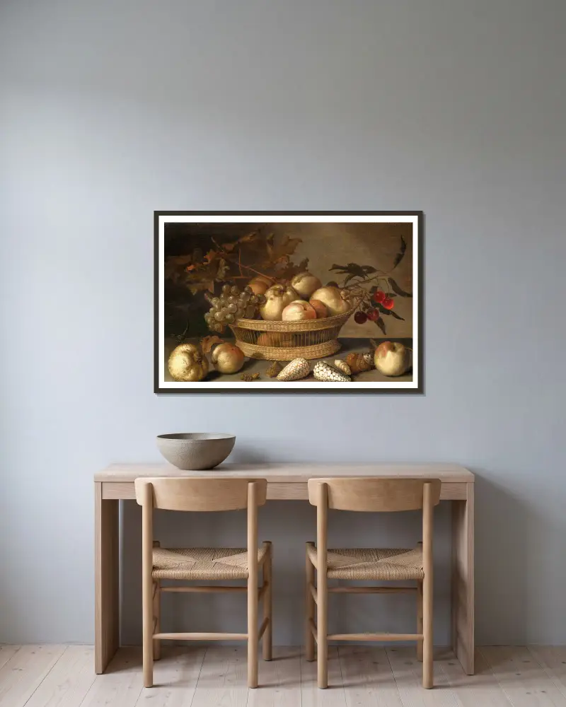 A Basket With Cherries, Apples, Peaches And A Bunch Of Grapes, Surrounded By Apples, Peaches, Shells, Bees And A Dragonfly – nr 1 av Balthasar van der Ast inramad på en vägg
