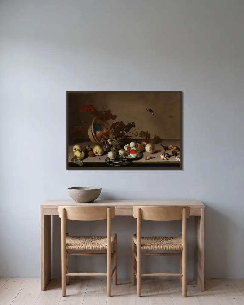 A fruit still life with a wicker basket, shells and a butterfly av Balthasar van der Ast inramad på en vägg