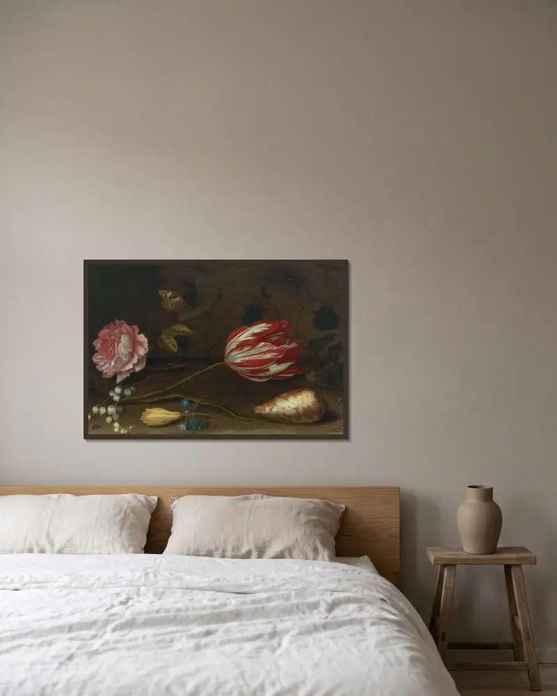 A rose, a tulip, insects, and a shell on a ledge av Balthasar van der Ast inramad på en vägg