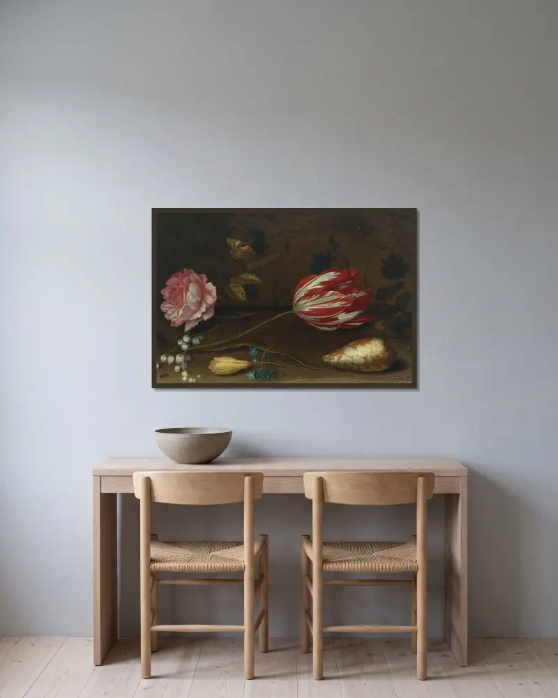 A rose, a tulip, insects, and a shell on a ledge av Balthasar van der Ast inramad på en vägg