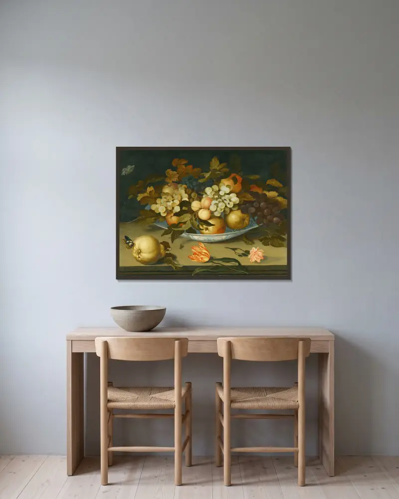 A Still Life With A Delft Bowl Containing Fruit, On A Ledge With Flowers, Insects And A Lizard av Balthasar van der Ast inramad på en vägg