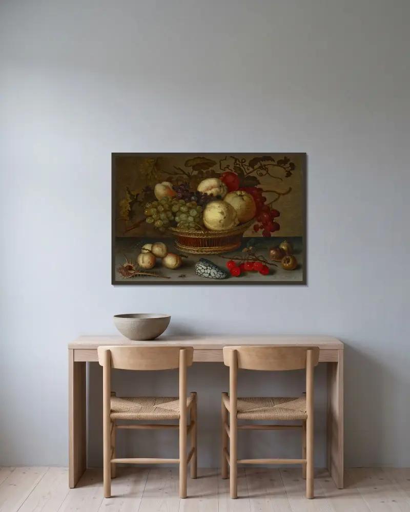 Äpplen och druvor i en korg, med frukt och snäckor på en stenavsats av Balthasar van der Ast inramad på en vägg