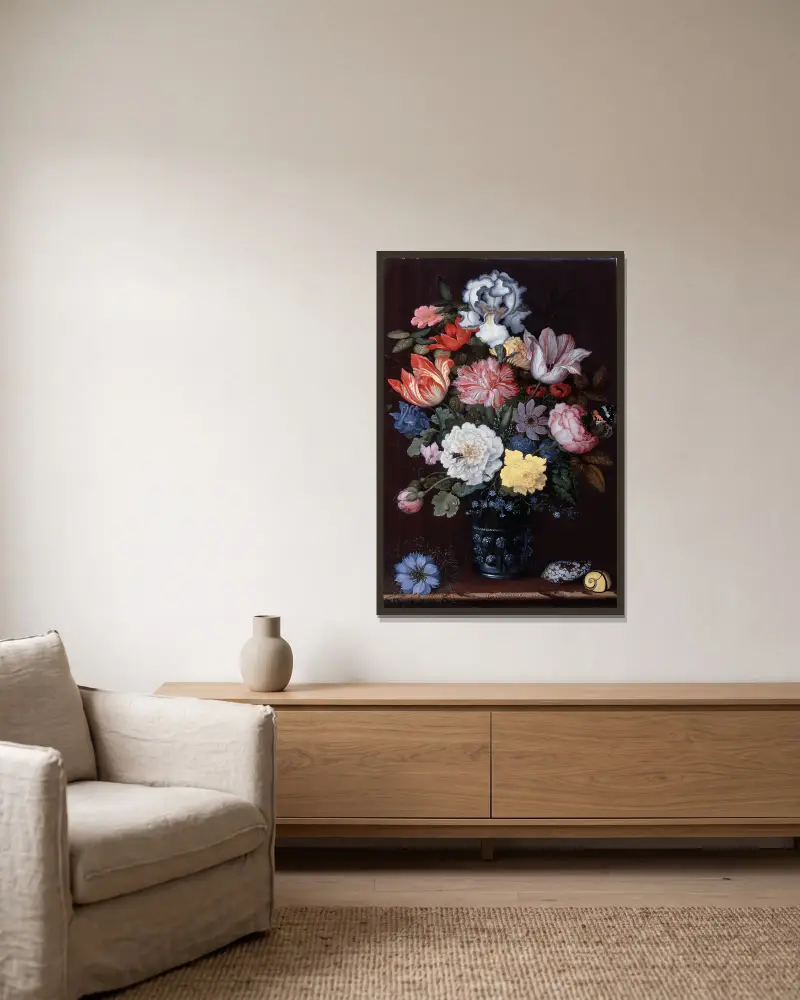 Blumenstillleben mit Muscheln von Balthasar van der Ast gerahmt an einer Wand