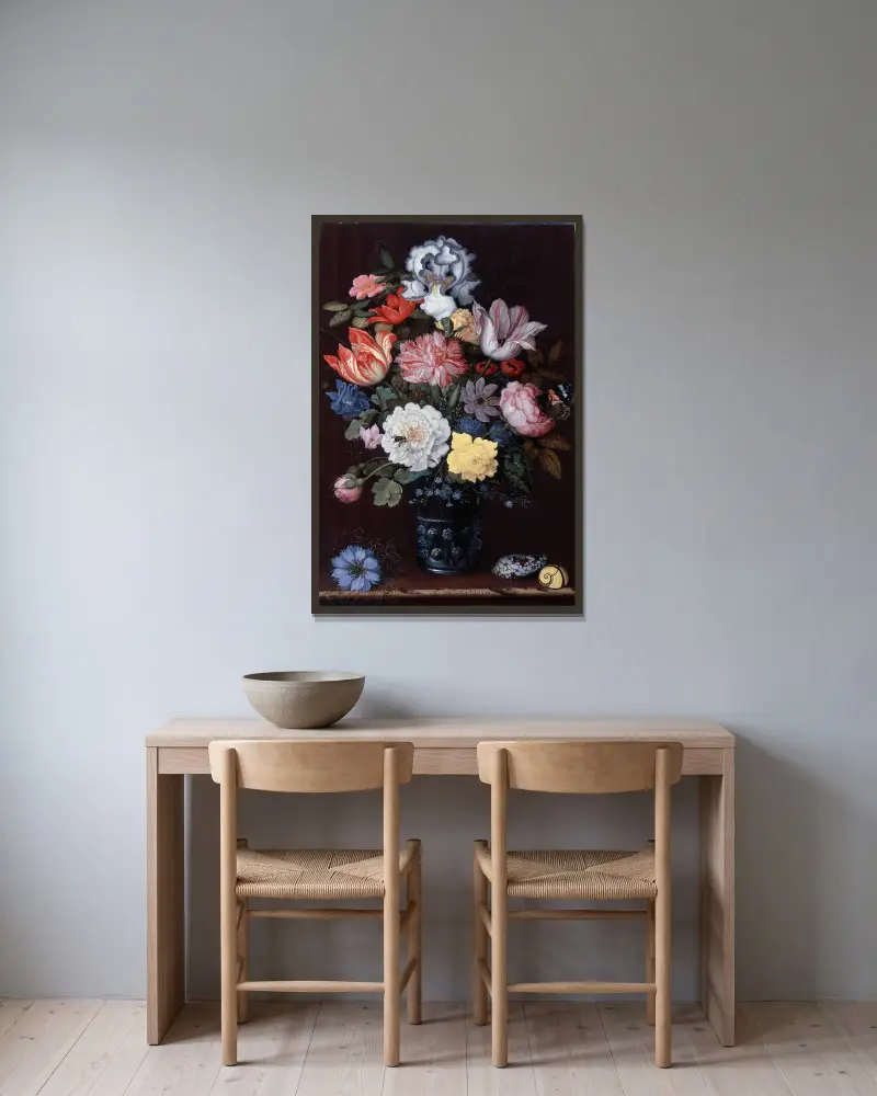 Blumenstillleben mit Muscheln von Balthasar van der Ast gerahmt an einer Wand