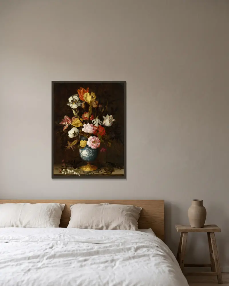 Flowers in a Wan-Li Vase av Balthasar van der Ast inramad på en vägg