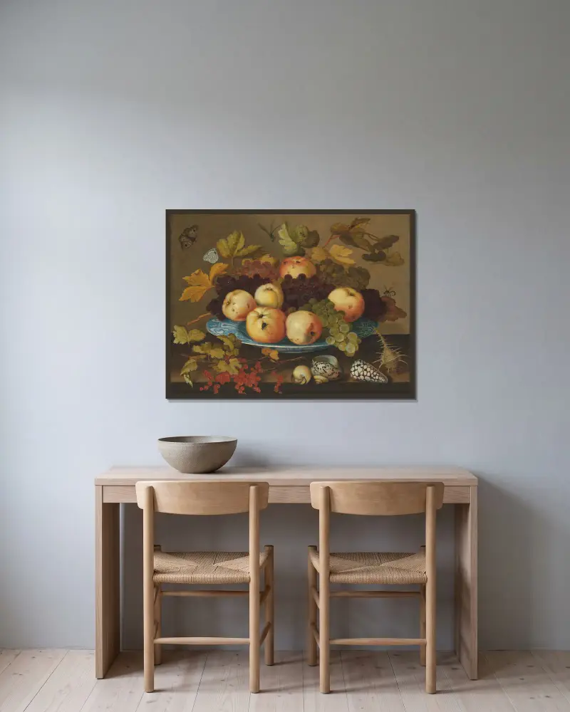 Fruit in a wan-li porcelain dish on a table av Balthasar van der Ast inramad på en vägg
