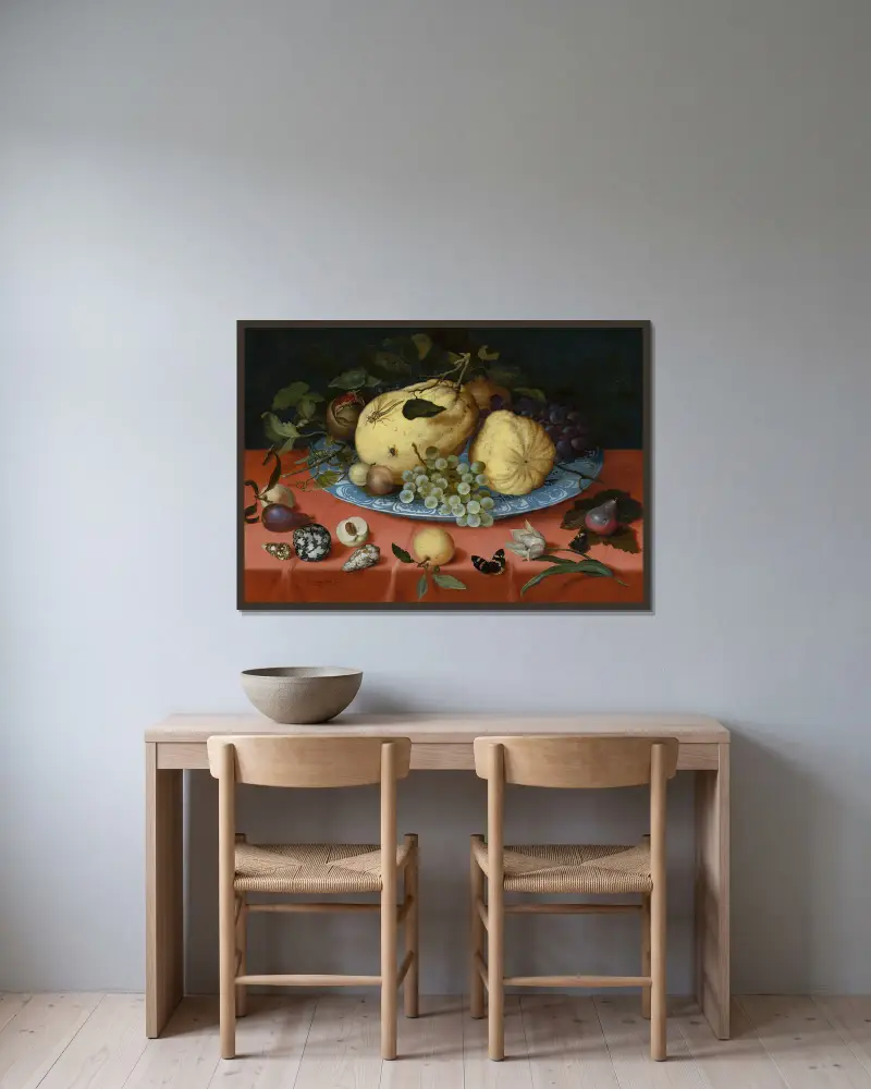 Fruit Still Life with Shells and Tulip av Balthasar van der Ast inramad på en vägg