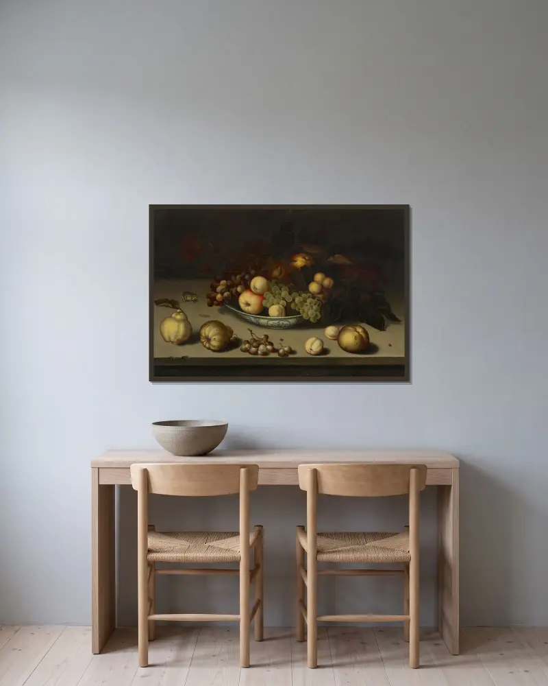 Grapes, apples, peaches and apricots in a Wan-li bowl, with quinces, a frog, a caterpillar, a fly and a beetle on a stone ledge av Balthasar van der Ast inramad på en vägg