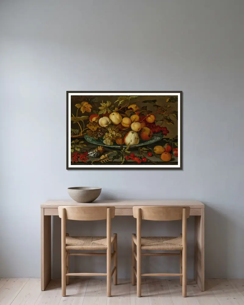 Grapes, peaches, apples and plums in a wan-li bowl on a ledge, with shells, a grasshopper and other fruit av Balthasar van der Ast inramad på en vägg