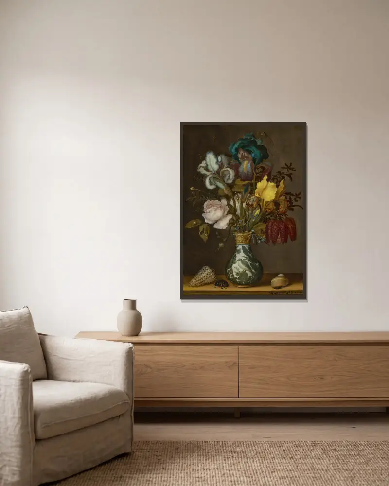 Irises, roses, fritillaries and forget-me-nots in a Wanli vase with two shells and a beetle on a ledge av Balthasar van der Ast inramad på en vägg