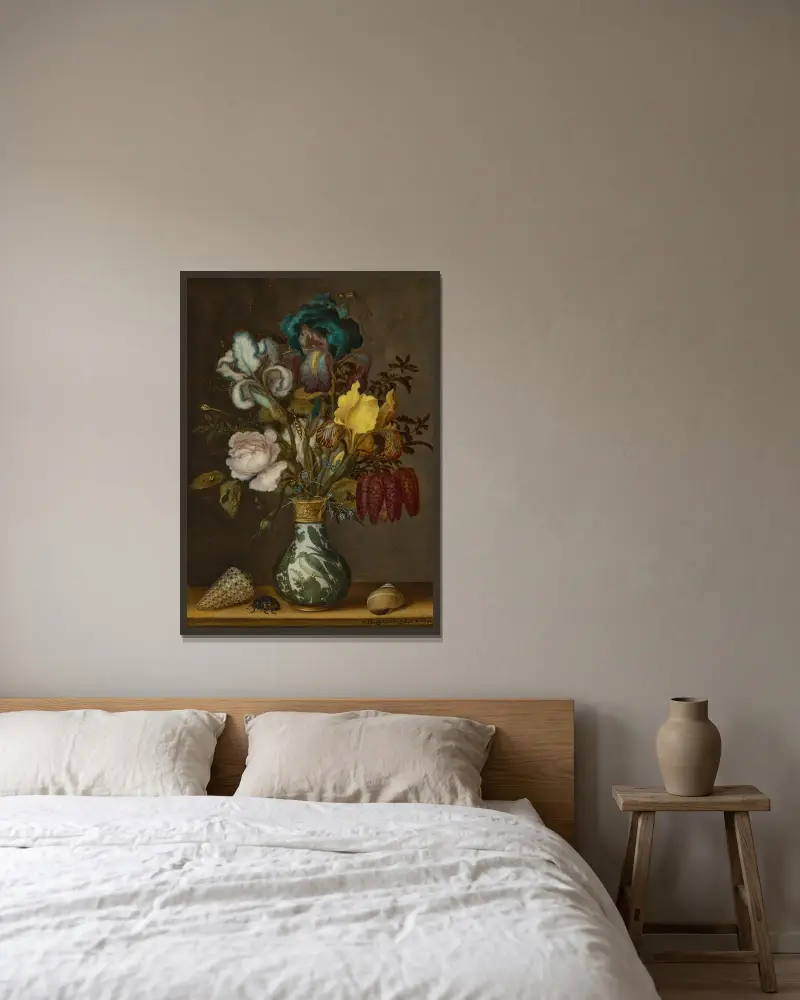 Irises, roses, fritillaries and forget-me-nots in a Wanli vase with two shells and a beetle on a ledge av Balthasar van der Ast inramad på en vägg