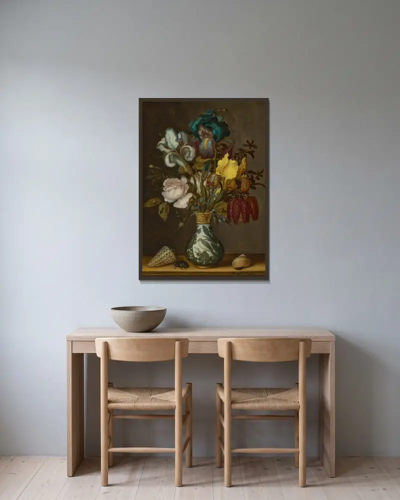 Irises, roses, fritillaries and forget-me-nots in a Wanli vase with two shells and a beetle on a ledge av Balthasar van der Ast inramad på en vägg