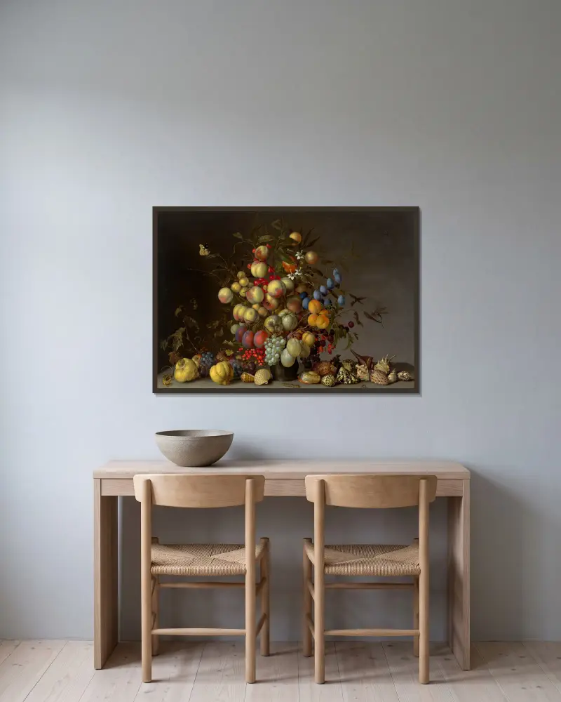 Peaches, plums, oranges, apples, cherries, grapes, redcurrants, blackcurrants, crab apples and other fruit in a pewter vase av Balthasar van der Ast inramad på en vägg