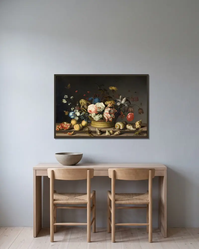 Still Life with a Basket of Flowers av Balthasar van der Ast inramad på en vägg