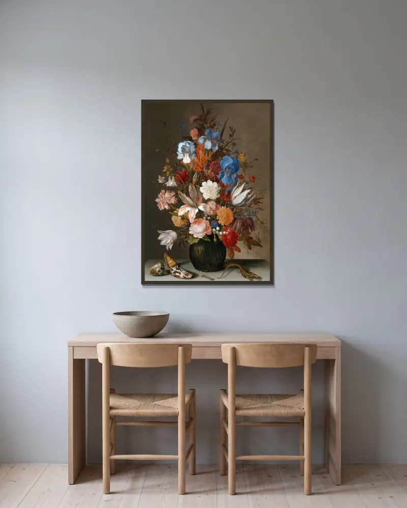 Stillleben mit Blumen von Balthasar van der Ast gerahmt an einer Wand