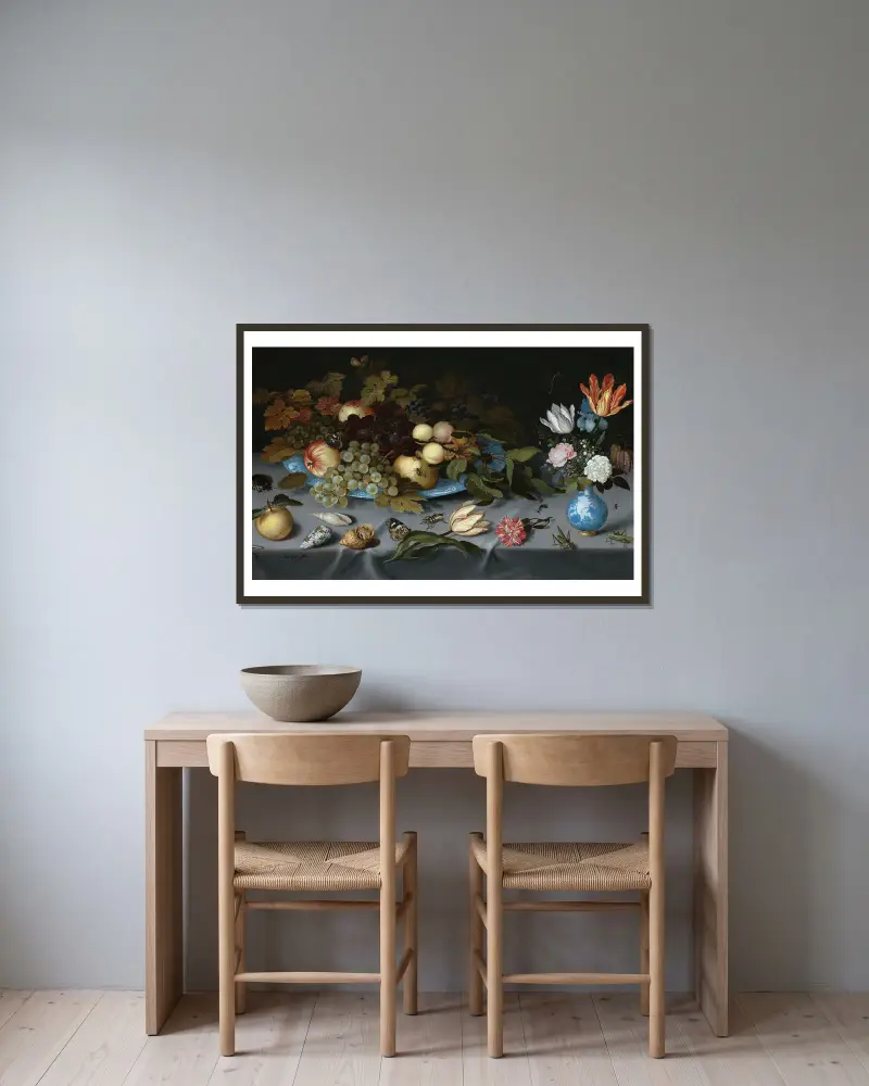 Still Life with Fruit and Flowers av Balthasar van der Ast inramad på en vägg