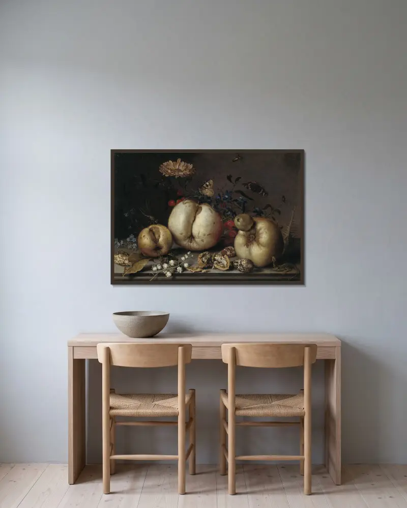 Stillleben mit Früchten und Muscheln von Balthasar van der Ast gerahmt an einer Wand