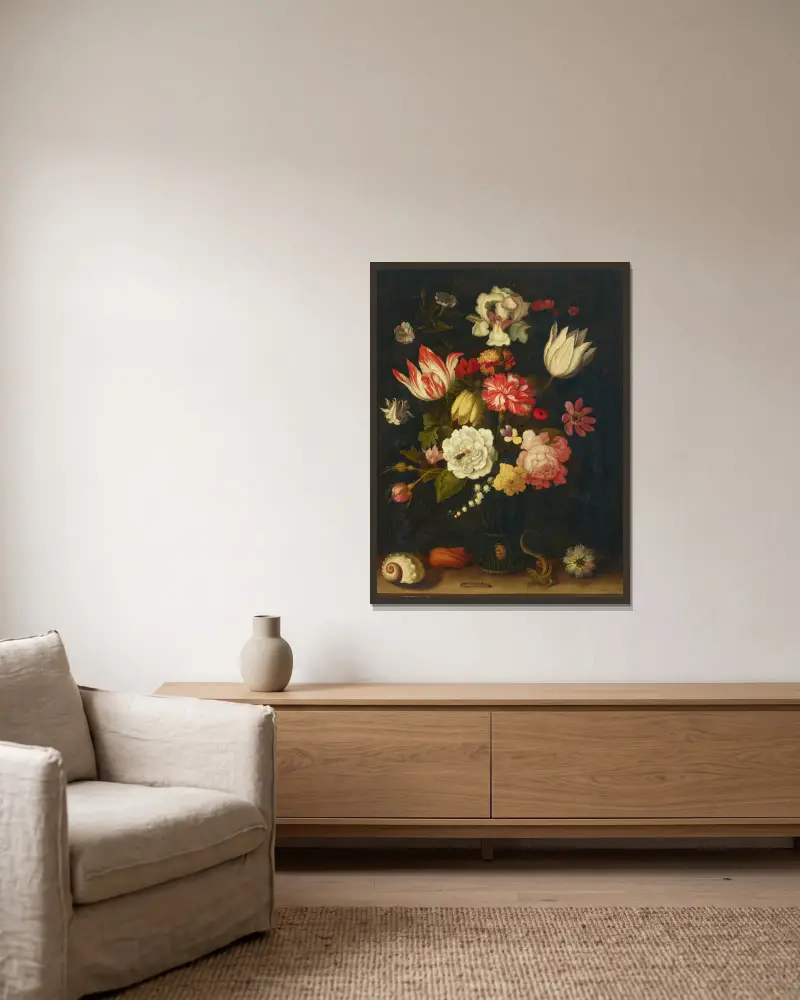 Tulips, carnations, roses and other flowers in a roemer with shells and a lizard on a ledge av Balthasar van der Ast inramad på en vägg