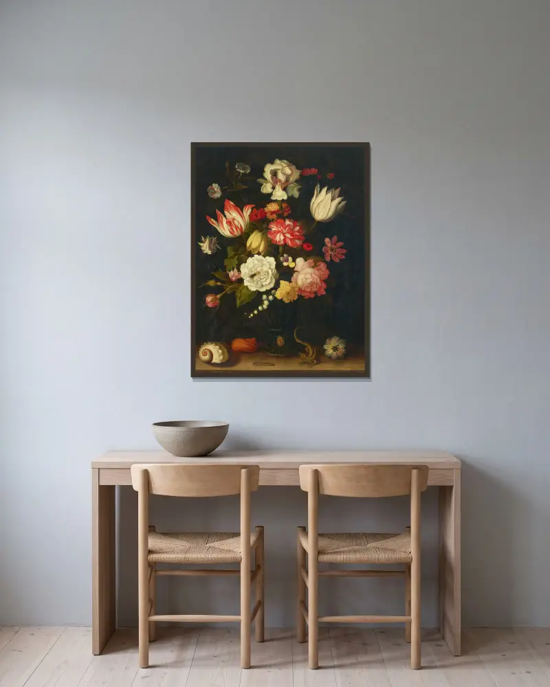 Tulips, carnations, roses and other flowers in a roemer with shells and a lizard on a ledge av Balthasar van der Ast inramad på en vägg