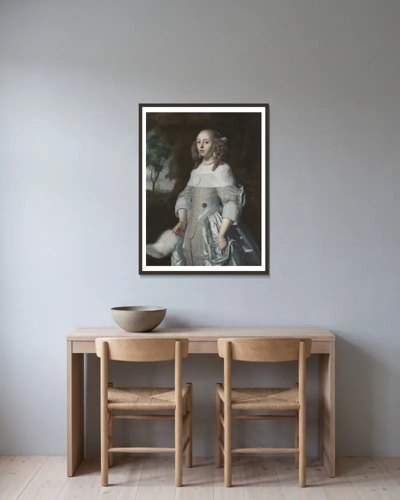 Jeanne Parmentier, 1634-1710 av Bartholomeus van der Helst inramad på en vägg