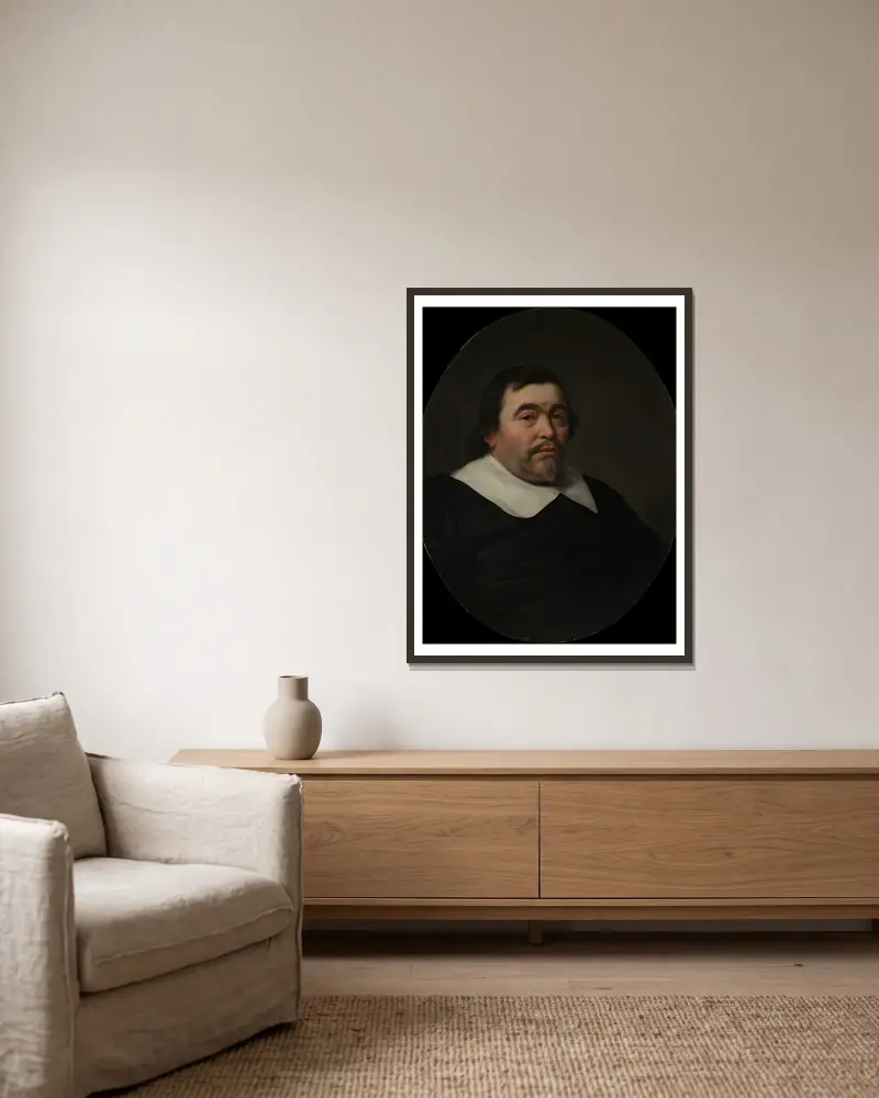 Portrait of a Man av Bartholomeus van der Helst inramad på en vägg
