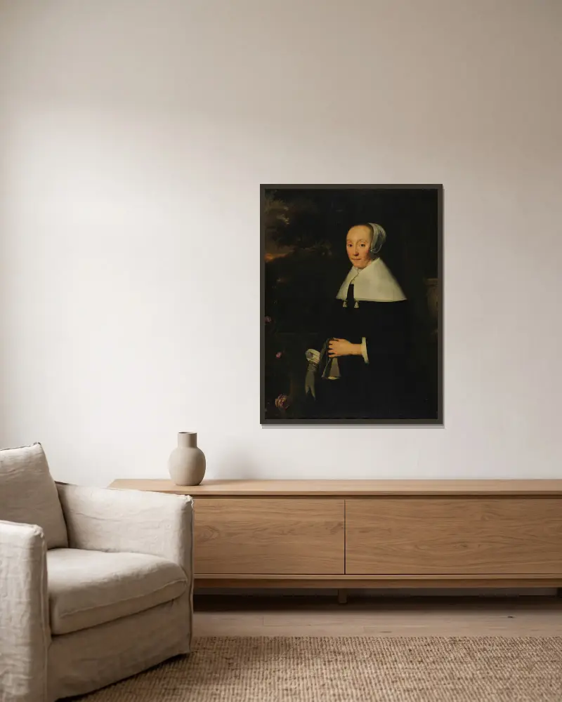 Portrait of a woman, 1665 av Bartholomeus van der Helst inramad på en vägg