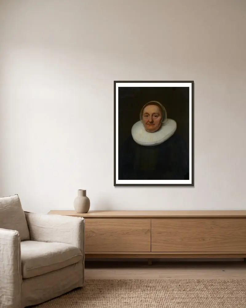 Portrait of a Woman – nr 1 av Bartholomeus van der Helst inramad på en vägg