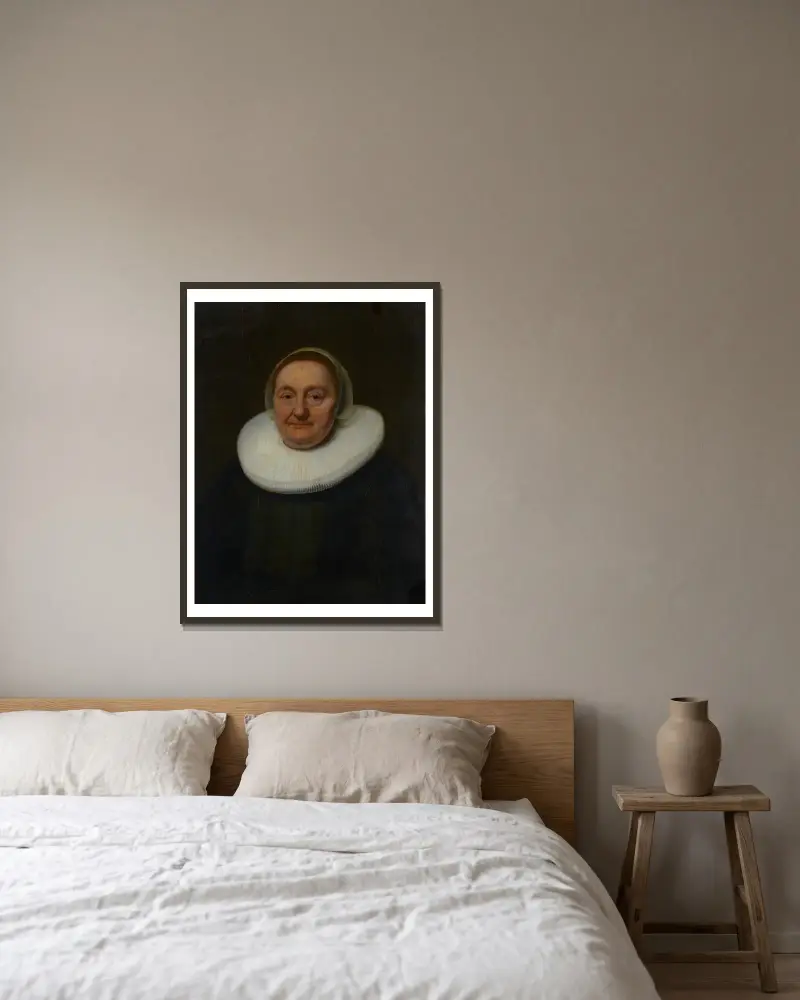 Portrait of a Woman – nr 1 av Bartholomeus van der Helst inramad på en vägg
