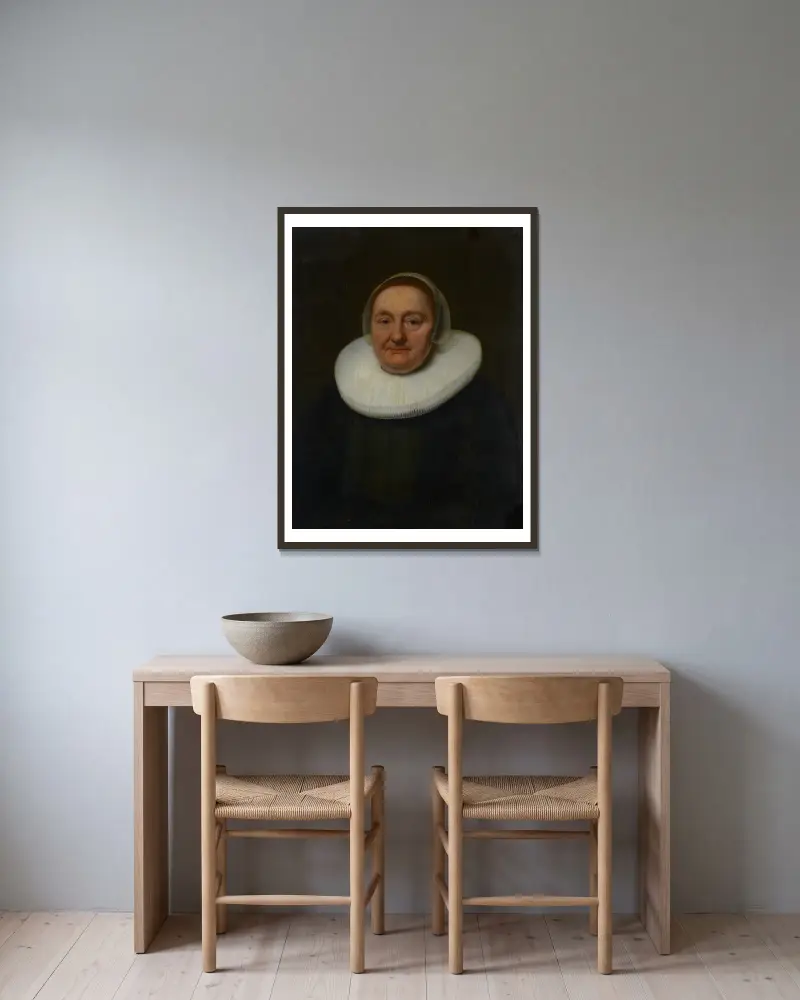 Portrait of a Woman – nr 1 av Bartholomeus van der Helst inramad på en vägg