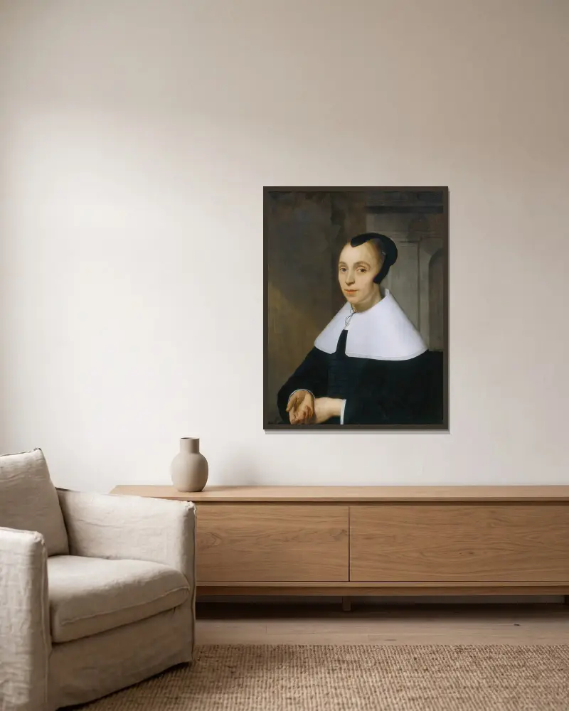 Bildnis einer Frau, 1656 von Bartholomeus van der Helst gerahmt an einer Wand