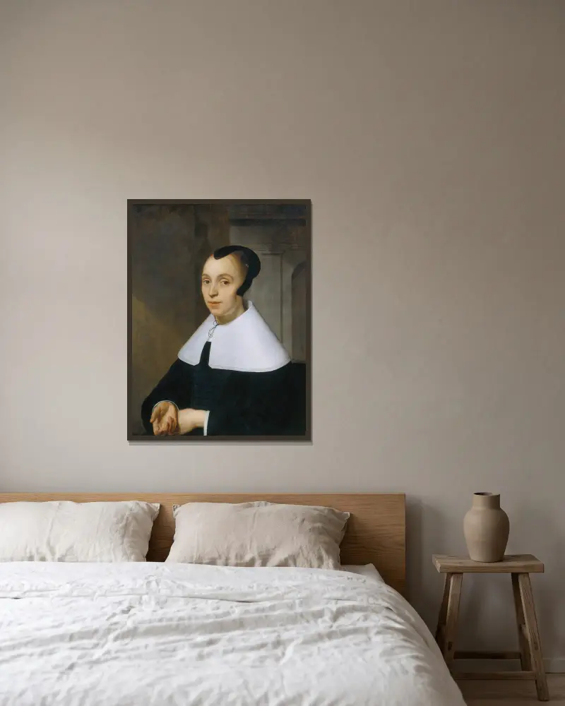 Bildnis einer Frau, 1656 von Bartholomeus van der Helst gerahmt an einer Wand