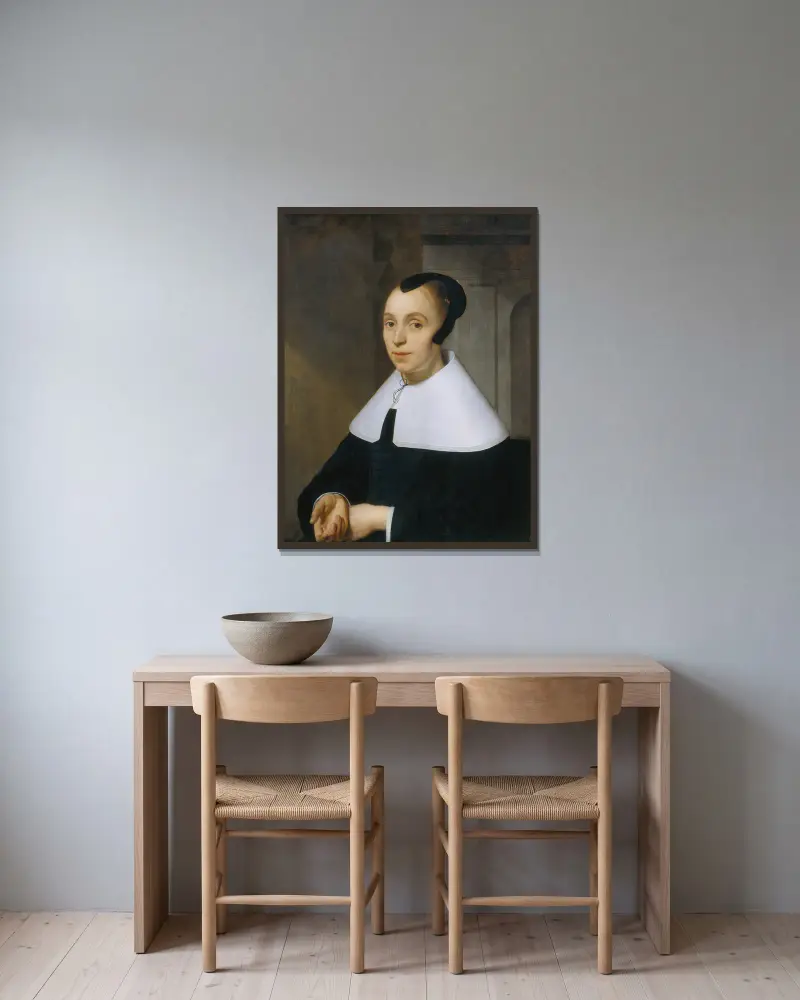 Bildnis einer Frau, 1656 von Bartholomeus van der Helst gerahmt an einer Wand