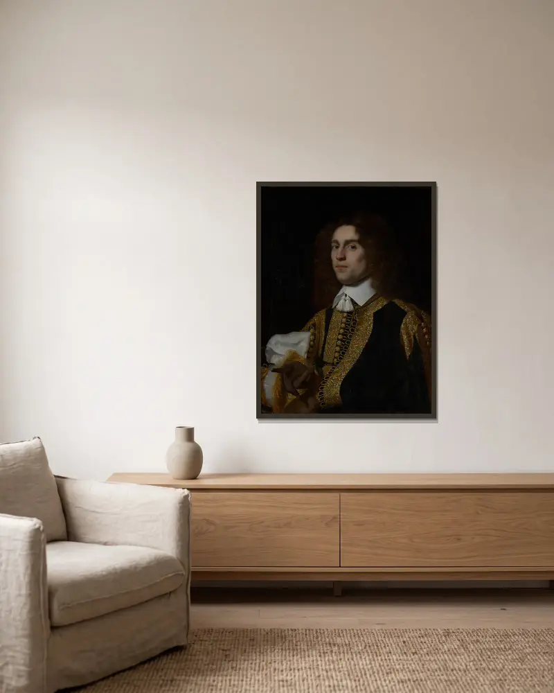Portrait of a Young Man in Military Costume av Bartholomeus van der Helst inramad på en vägg