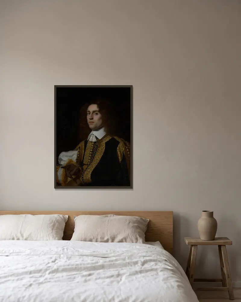 Portrait of a Young Man in Military Costume av Bartholomeus van der Helst inramad på en vägg