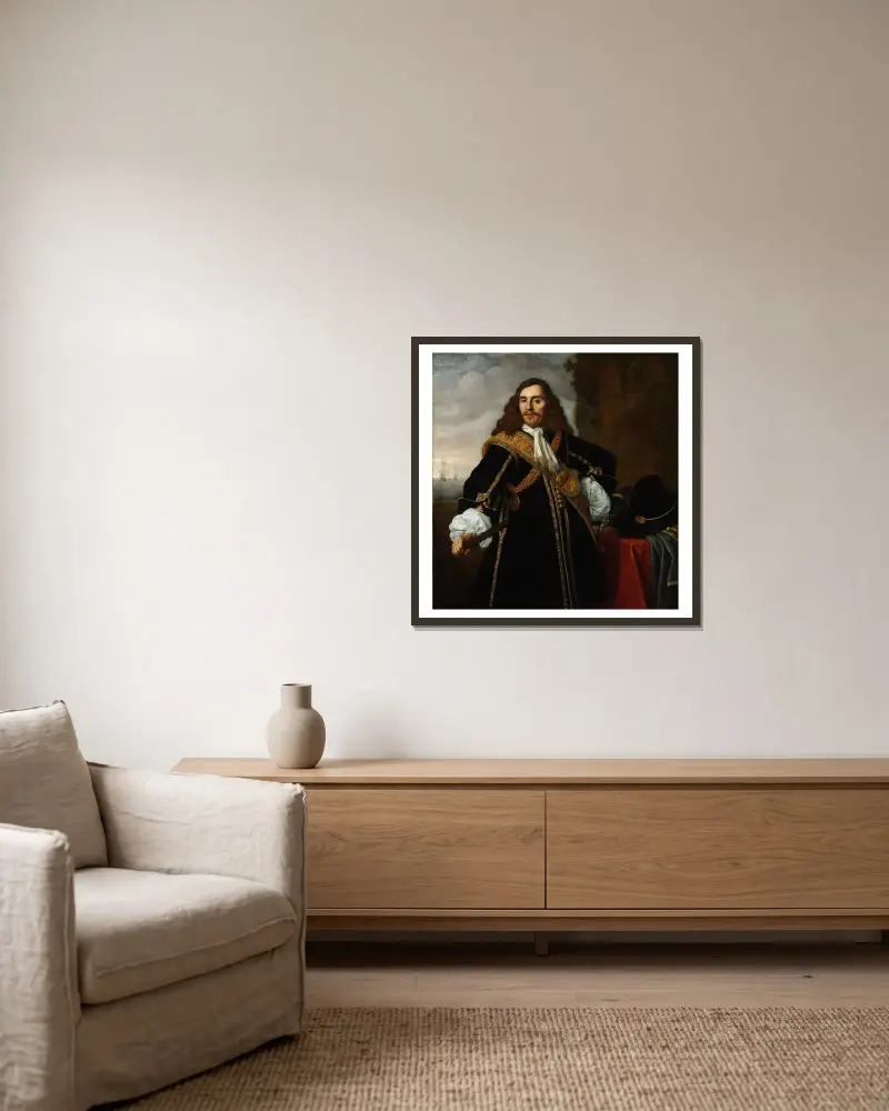 Portrait of Captain Gideon de Wildt av Bartholomeus van der Helst inramad på en vägg
