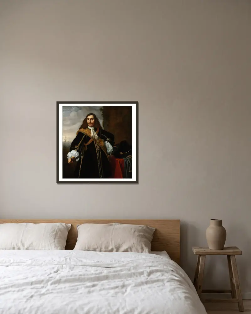 Portrait of Captain Gideon de Wildt av Bartholomeus van der Helst inramad på en vägg