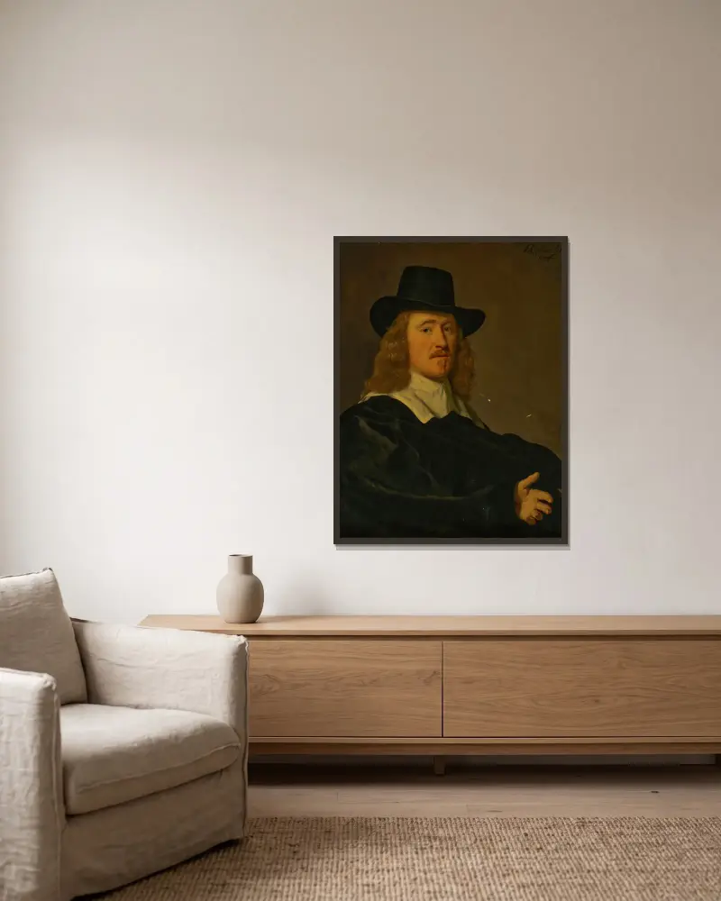 Portrait of David Rijckaert (1614-1680) av Bartholomeus van der Helst inramad på en vägg