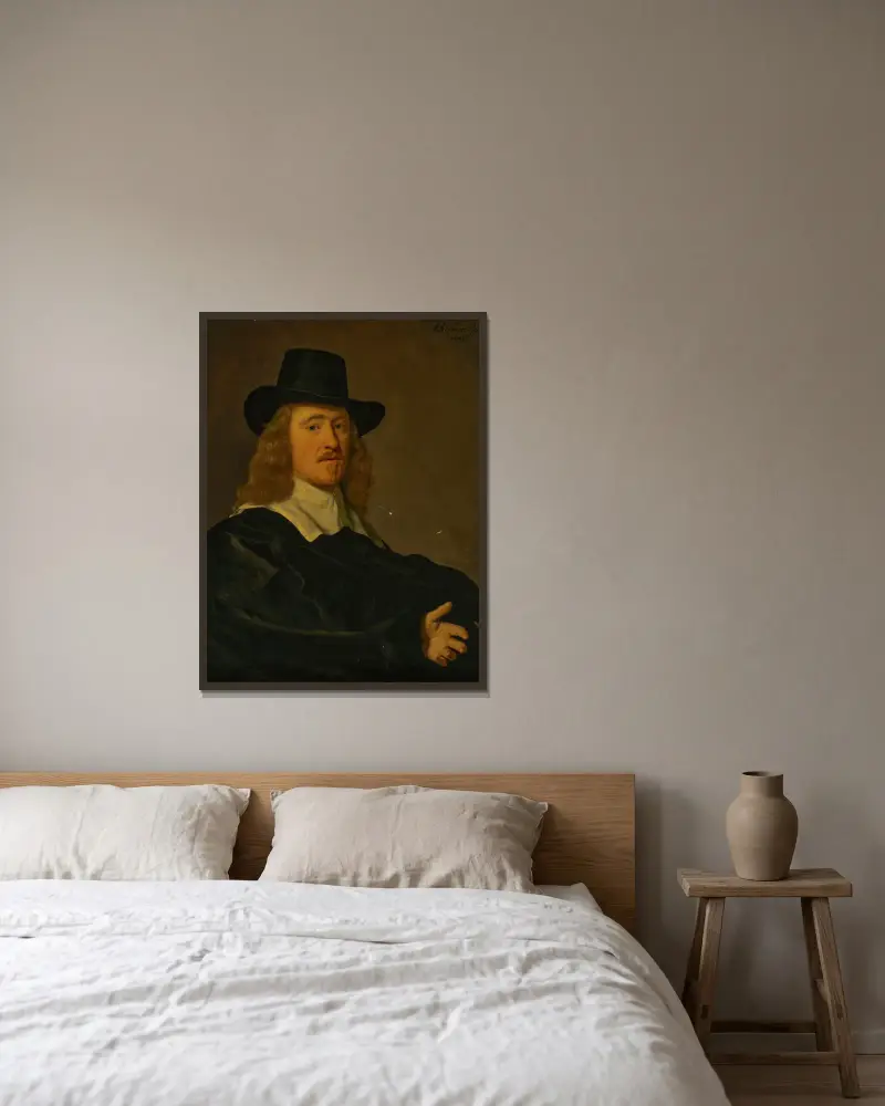 Portrait of David Rijckaert (1614-1680) av Bartholomeus van der Helst inramad på en vägg