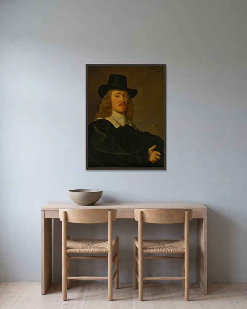 Portrait of David Rijckaert (1614-1680) av Bartholomeus van der Helst inramad på en vägg