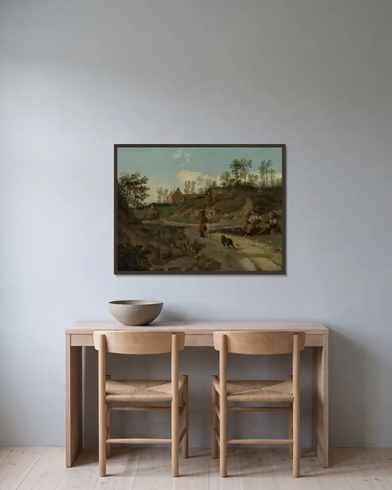 Venkovská krajina s rozmlouvajícími postavami, Jan van der Heyden v rámu na stěně