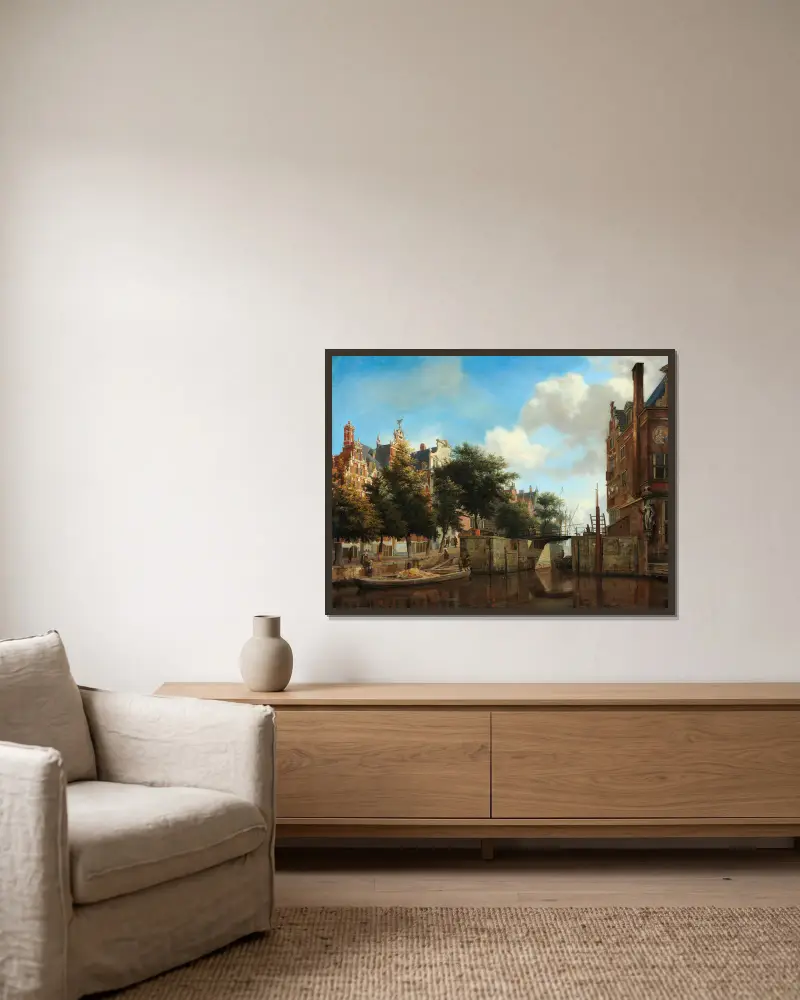 Amsterdam City View with Houses on the Herengracht and the old Haarlemmersluis av Jan van der Heyden inramad på en vägg