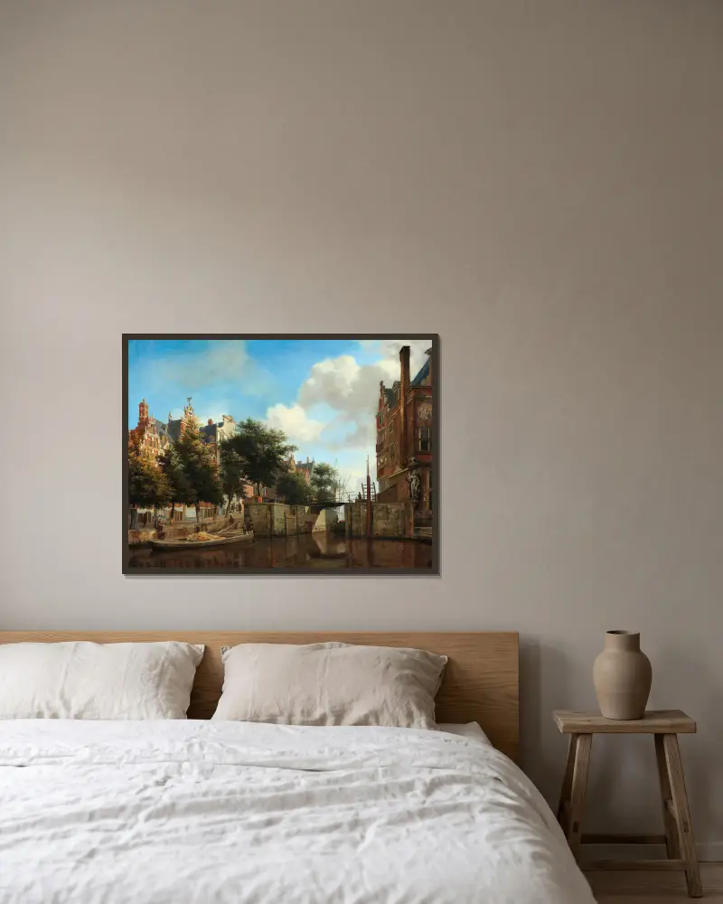 Amsterdam City View with Houses on the Herengracht and the old Haarlemmersluis av Jan van der Heyden inramad på en vägg