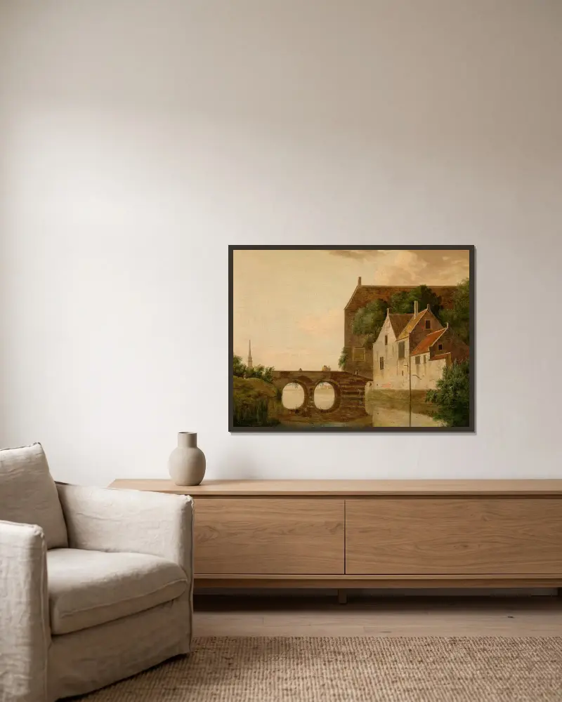 Brücke über einen Fluss von Jan van der Heyden gerahmt an einer Wand