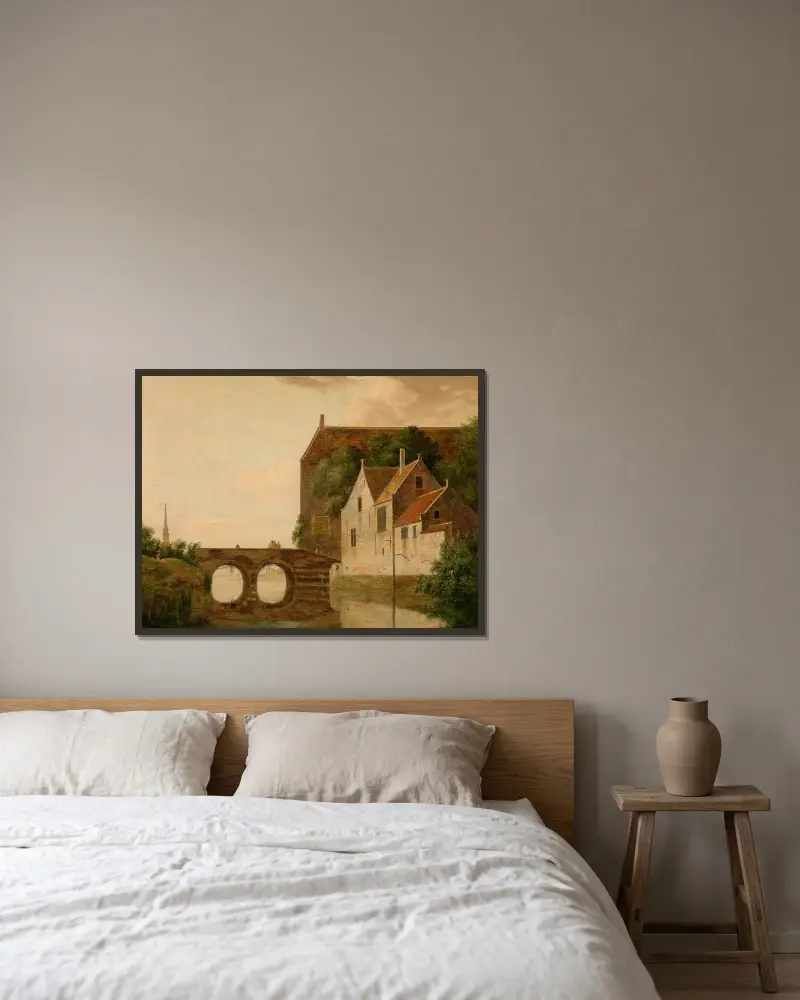 Brücke über einen Fluss von Jan van der Heyden gerahmt an einer Wand