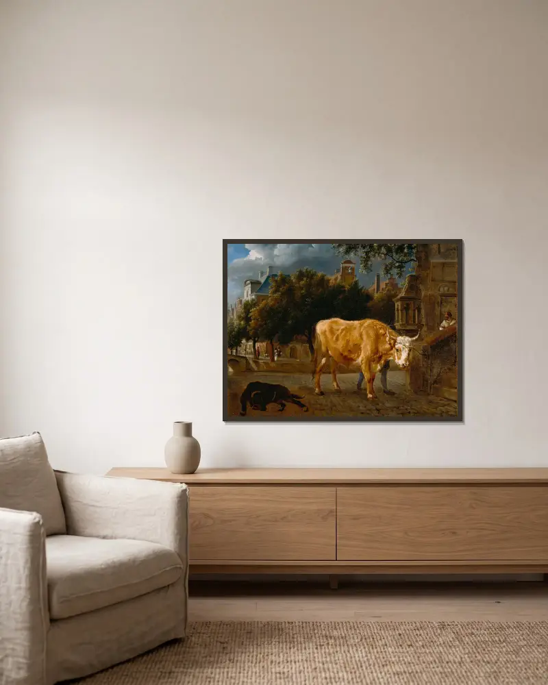 Bull in a City Street av Jan van der Heyden inramad på en vägg