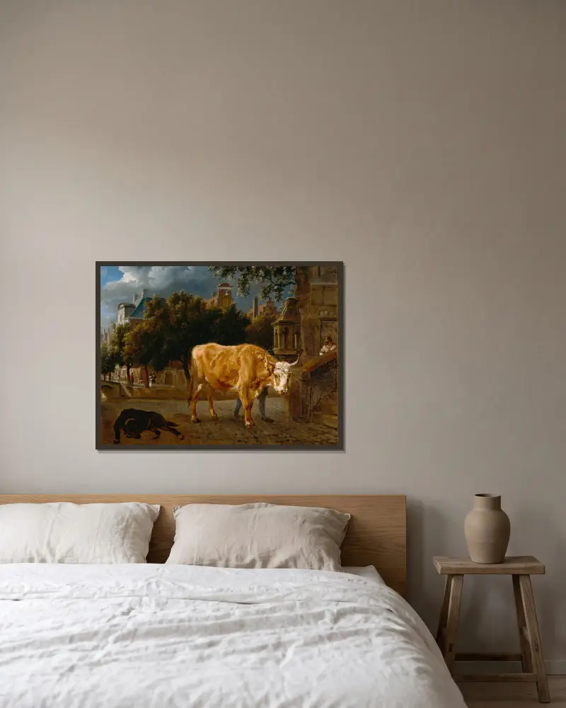 Bull in a City Street av Jan van der Heyden inramad på en vägg