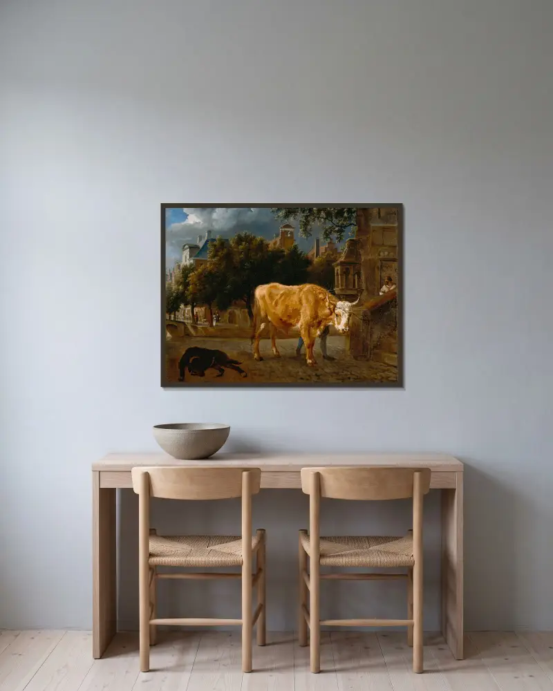 Bull in a City Street av Jan van der Heyden inramad på en vägg